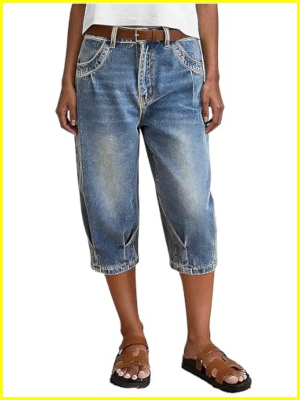 Straight Leg Mid Rise Capri Pleated Jeans for Women Trendy Casual Stretch